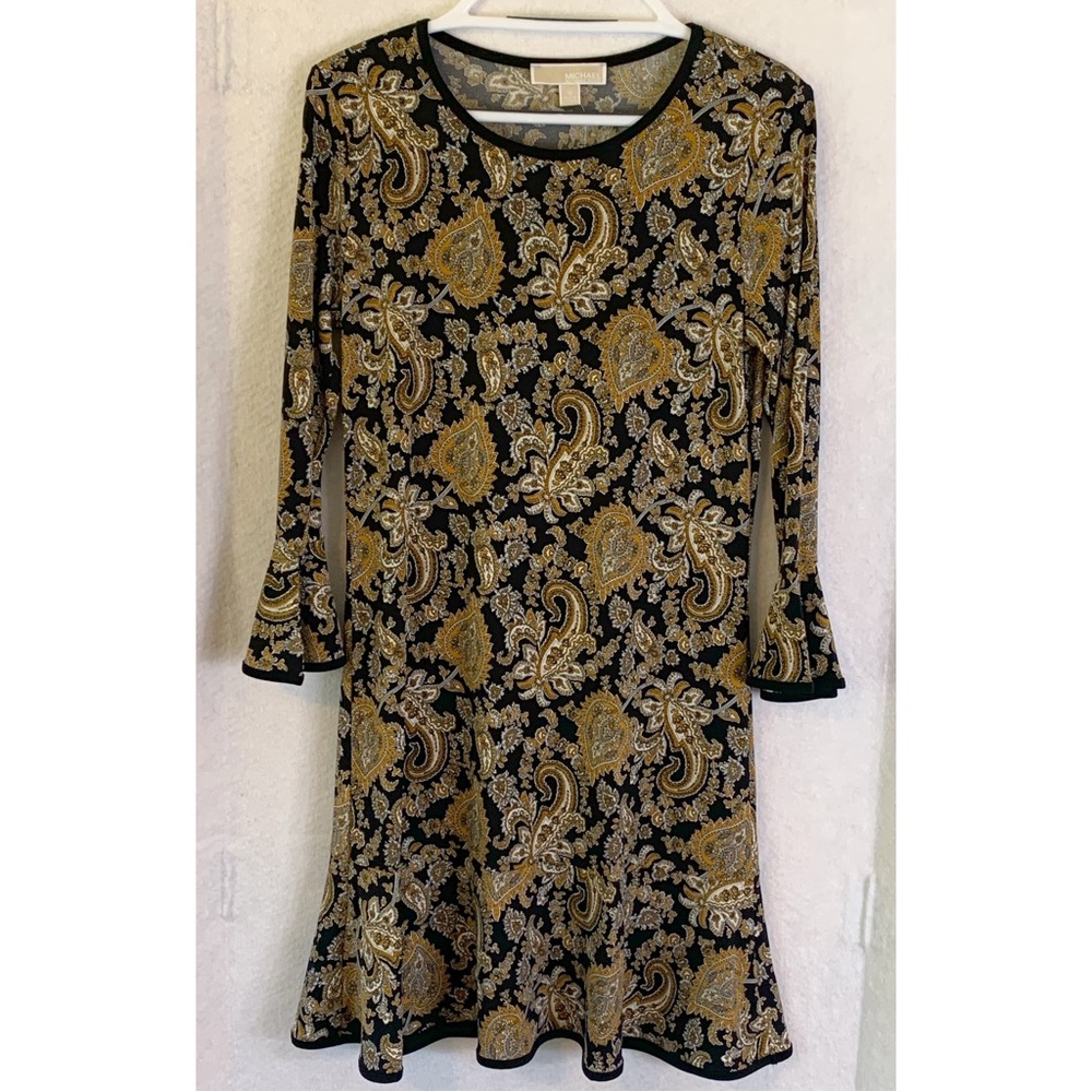 NWT Michael Kors Merigold Black w/Gold Print Dress w/Bell Sleeves Size Medium
